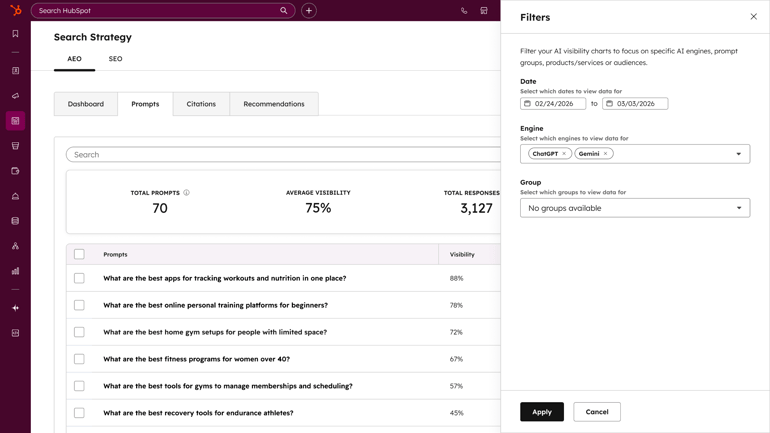 HubSpot AEO product screenshot showing the AI search visibility dashboard