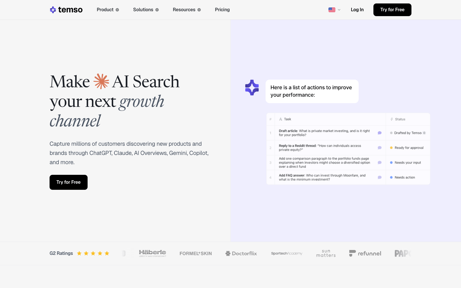 Temso AI homepage showing the agent's list of actions to improve performance
