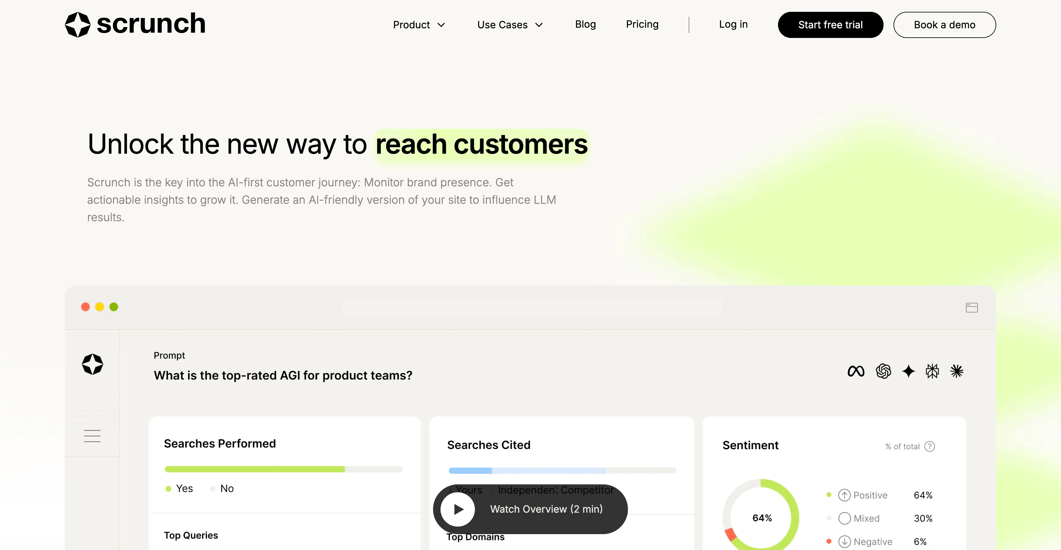 Dashboard de entrega a bots de IA y de citas de Scrunch