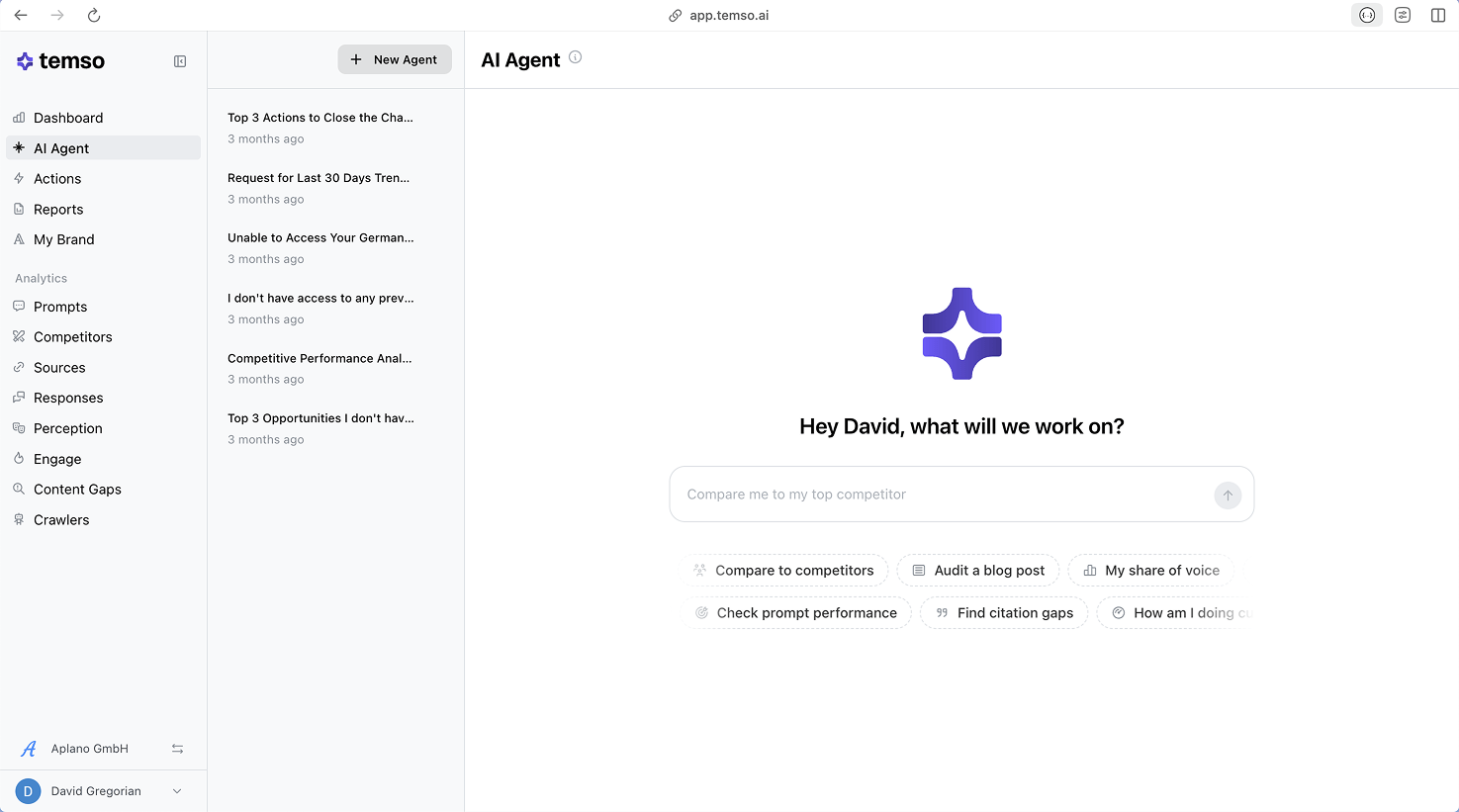 Dashboard del agente de Temso AI rastreando la visibilidad de marca en ChatGPT, Perplexity, Gemini y Google AI Overviews