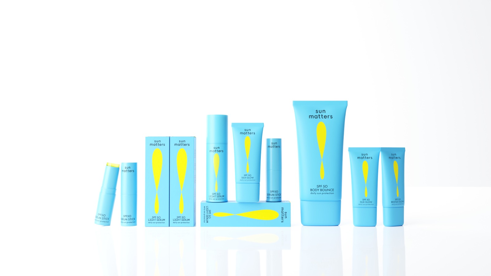 The Sun Matters SPF 50 product range, including light serums, serum sticks, body and glow creams