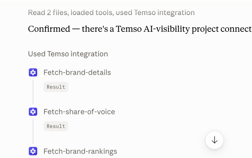 Temso MCP tools fetching brand data inside an AI chat